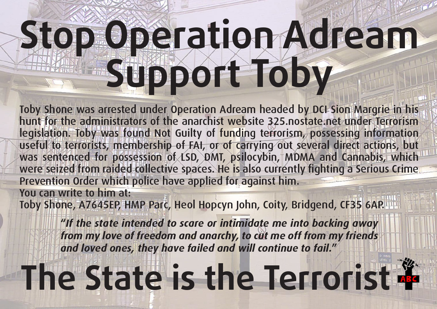 Prison de Parc (UK) : Deux déclarations de l’anarchiste emprisonné Toby Shone
